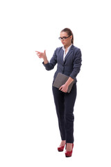 Young businesswoman pressing virtual button on white