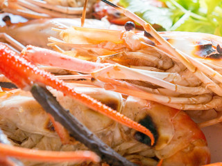 Grilled Prawns, Shrimp on a Plate with Dipping Spicy Seafood, Popular Thai Cuisine.