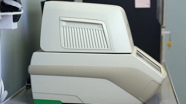 Female genetics worker placing the strips with DNA into the PCR thermal cycler or amplifier for PCR diagnostics