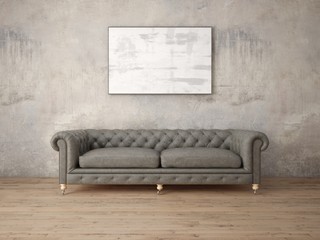 Mock up a classic living room with a trendy sofa and a stylish hipster background.