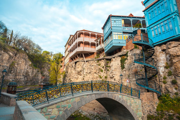 Old sulfur Baths in Abanotubani district with wooden carved balconies in the Old Town of Tbilisi, Georgia