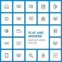 Modern Simple Set of video, photos, email Vector outline Icons. ..Contains such Icons as  design,  video,  photography,  close,  retro,  play and more on dark background. Fully Editable. Pixel Perfect