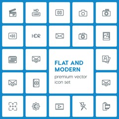 Modern Simple Set of video, photos, email Vector outline Icons. ..Contains such Icons as  film,  email,  bright,  off, film, download,  old and more on dark background. Fully Editable. Pixel Perfect