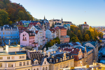 Architecture of Karlovy Vary (Karlsbad) in autumn, Czech Republic. It is the most visited spa town...