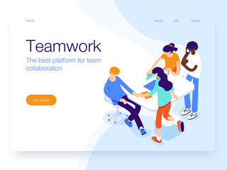 Obraz premium People work in a team and achieve the goal. Business processes and office situations. Landing page template. 3d vector isometric illustration.