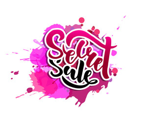 Secret Sale offer poster banner vector illustration. Text with handwritten lettering for ad, promo, web design. Bright sketch.