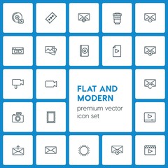 Modern Simple Set of video, photos, email Vector outline Icons. ..Contains such Icons as  email, lens,  delete, movie,  music,  landscape and more on dark background. Fully Editable. Pixel Perfect