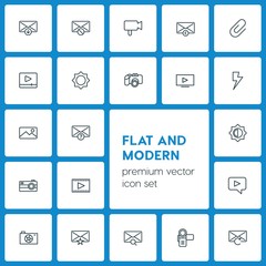 Modern Simple Set of video, photos, email Vector outline Icons. ..Contains such Icons as  button, light,  retro,  answer,  video,  concept and more on dark background. Fully Editable. Pixel Perfect