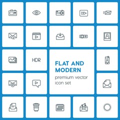 Modern Simple Set of video, photos, email Vector outline Icons. ..Contains such Icons as  mail,  sky,  tourism,  mobile,  outline, sunny, hdr and more on dark background. Fully Editable. Pixel Perfect