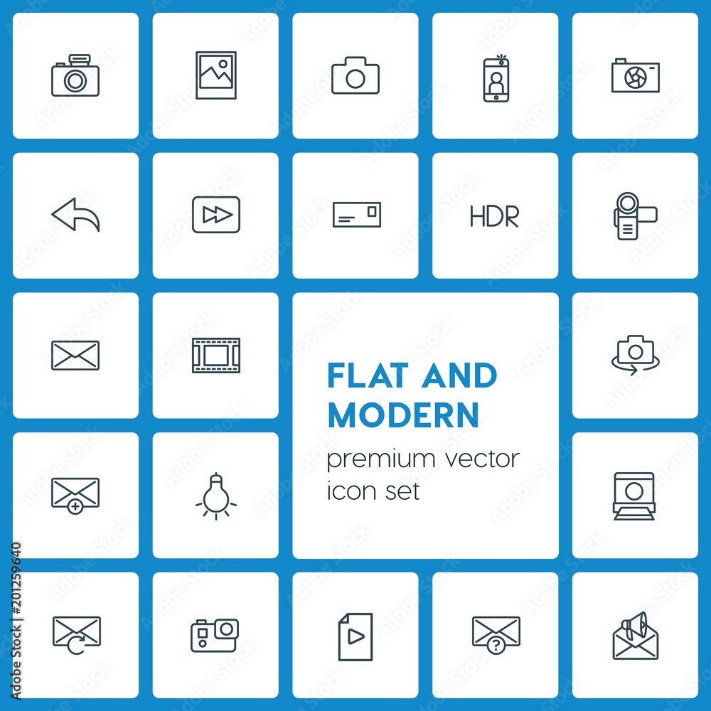 Poster modern simple set of video, photos, email vector outline icons. ..contains such icons as line, messa