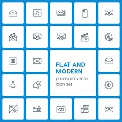 Modern Simple Set of video, photos, email Vector outline Icons. ..Contains such Icons as  outline,  picture,  back,  rewind,  empty,  device and more on dark background. Fully Editable. Pixel Perfect