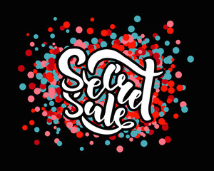 Secret Sale offer poster banner vector illustration. Text with handwritten lettering for ad, promo, web design. Bright sketch.