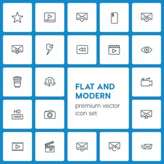 Modern Simple Set of video, photos, email Vector outline Icons. ..Contains such Icons as  icon,  outline,  camera,  photo,  send,  button and more on dark background. Fully Editable. Pixel Perfect