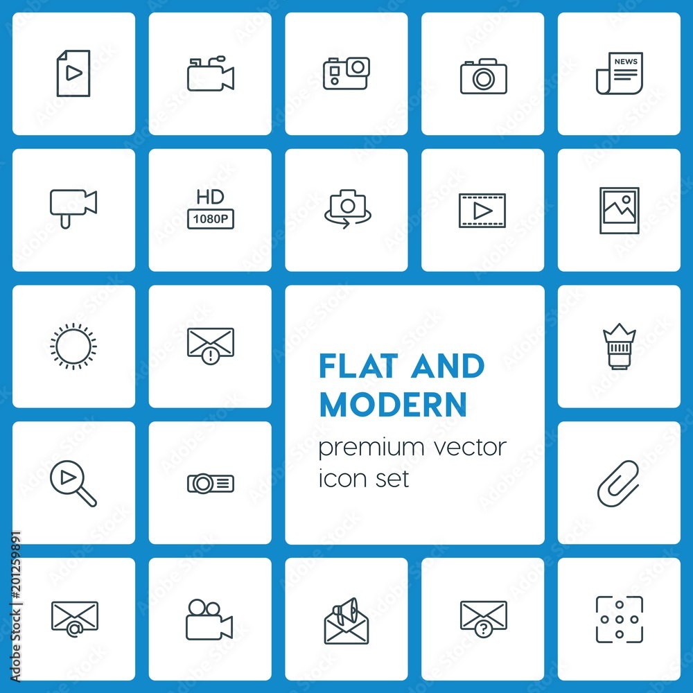 Poster modern simple set of video, photos, email vector outline icons. ..contains such icons as projector, 