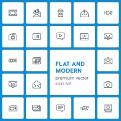 Modern Simple Set of video, photos, email Vector outline Icons. ..Contains such Icons as  month,  web,  icon,  document,  tourism,  travel and more on dark background. Fully Editable. Pixel Perfect