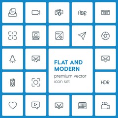 Modern Simple Set of video, photos, email Vector outline Icons. ..Contains such Icons as camera,  mail, heart,  phone,  retro,  architecture and more on dark background. Fully Editable. Pixel Perfect