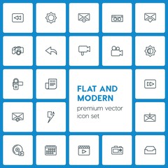 Modern Simple Set of video, photos, email Vector outline Icons. ..Contains such Icons as  entertainment,  music,  letter,  flash,  play,  old and more on dark background. Fully Editable. Pixel Perfect