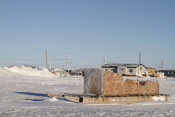 Side view of a traditional Inuit cargo sled or Komatik in the Arviat style in the Kivalliq region, Nunavut Canada