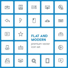 Modern Simple Set of video, photos, email Vector outline Icons. ..Contains such Icons as disc,  star,  landscape,  cd,  internet, player and more on dark background. Fully Editable. Pixel Perfect