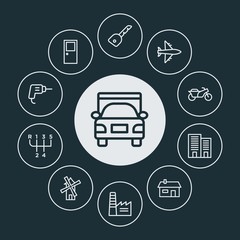transports, industry, buildings Infographic Circle outline Icons Set. Contains such Icons as  equipment,  lock,  wind,  modern,  building,  industry,  real and more. ..Fully Editable. Pixel Perfect..