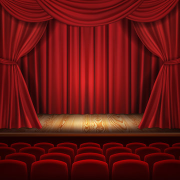 Theater vector concept, realistic luxurious red velvet curtains with theatre scarlet seats, classic scene background. Illustration for ceremony, opera, presentation, show, premiere