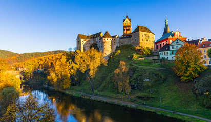 Colorful town Loket in autumn over Eger river in the Sokolov District in the Karlovy Vary region of...