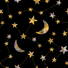 watercolor constellations. seamless pattern on a black background