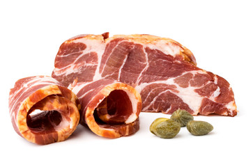 Piece of fresh meat and slices on a white, close up.