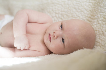 Portrait of a newborn baby lying on his side