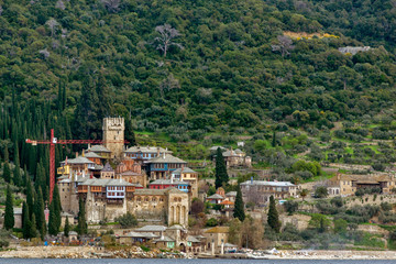 Fototapeta na wymiar Docheiariou (Dochiariou) monastery at Mount Athos in Autonomous Monastic State of the Holy Mountain, Chalkidiki, Greece