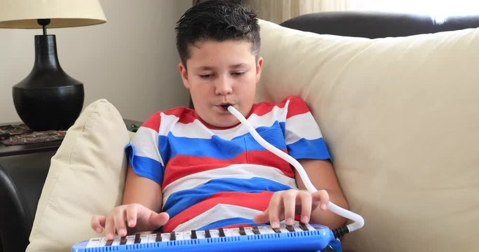 Portrait of a happy schoolboy playing melodica at home