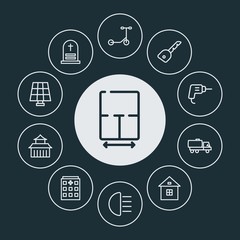 transports, industry, buildings Infographic Circle outline Icons Set. Contains such Icons as  security, energy,  project,  shine,  key, grave,  design, door and more. ..Fully Editable. Pixel Perfect..