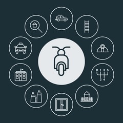 transports, industry, buildings Infographic Circle outline Icons Set. Contains such Icons as  school, ladder,  home,  view, house, window,  isolated, helmet and more. ..Fully Editable. Pixel Perfect..