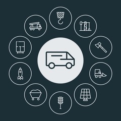 transports, industry, buildings Infographic Circle outline Icons Set. Contains such Icons as  environment,  tool, service, axe,  house,  crane,  stop, gas and more. ..Fully Editable. Pixel Perfect..