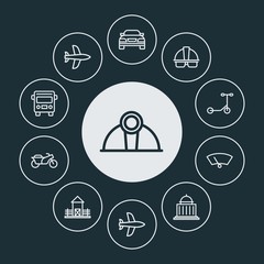 transports, industry, buildings Infographic Circle outline Icons Set. Contains such Icons as car,  tool,  airplane,  road,  public transportation,  light and more. ..Fully Editable. Pixel Perfect..