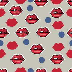 Fototapeta na wymiar Vector hand drawn seamless patern. Red sexy lips. Polka dot. This is a cool creative design for young people, teenagers, rock musicians, bikers.