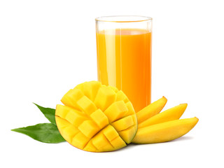 mango juice with mango slice isolated on white background. glass of mango juice.