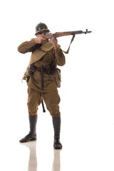 Male actor in the form of an ordinary soldier infantryman of the Russian army during the Second...