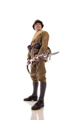 Male actor in the form of an ordinary soldier infantryman of the Russian army during the Second...
