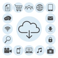 Cloud computing flat vector icons set. Grocery cart, magnifier, globe, book, email, lock, camera, photography, music, laptop, smartphone, camcorder, user, wifi, chat flat vector icons