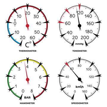 Set Of Scales On The Transparent Background: Manometer Tanometer Speedometer Thermometer