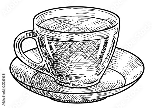 "Cup of tea illustration, drawing, engraving, ink, line art, vector