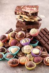 a lot of variety chocolate pralines, belgian confectionery gourmet chocolate.
