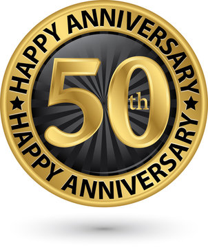 Happy 50th years anniversary gold label, vector illustration