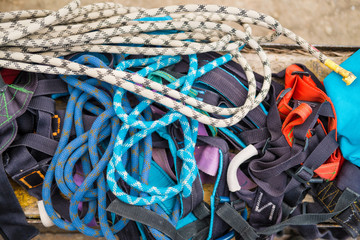 climbing equipment ropes carbines backpacks suspension for sitting climber and special shoes for...