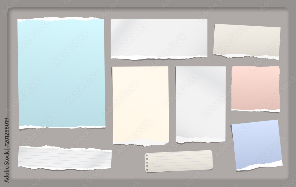 Aufkleber torn note, notebook paper pieces for text stuck on dark gray background with frame vector illustrati