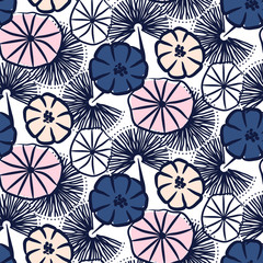 Handdrawn flower seamless vector pattern. Floral sketched repeat texture pink and blue flowers.