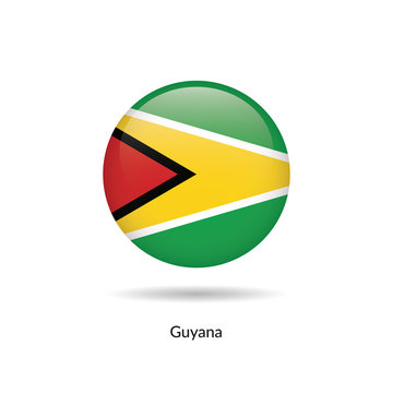 Guyana flag - round glossy button. Vector Illustration.