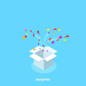 a fire box with multi-colored pieces of paper, a congratulatory box, an isometric image