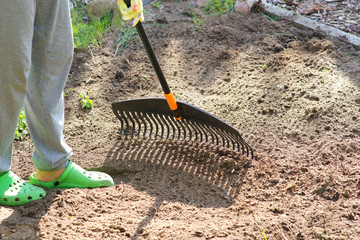 Planting plants step by step / Preparing the place for planting plants / Raking in the Garden